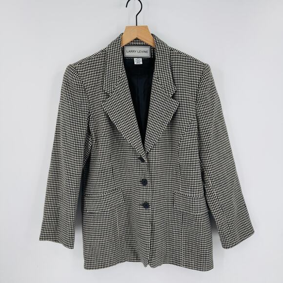 Vintage Larry Levine Houndstooth Wool Blazer Black White Check Jacket Size 12 - Picture 1 of 6